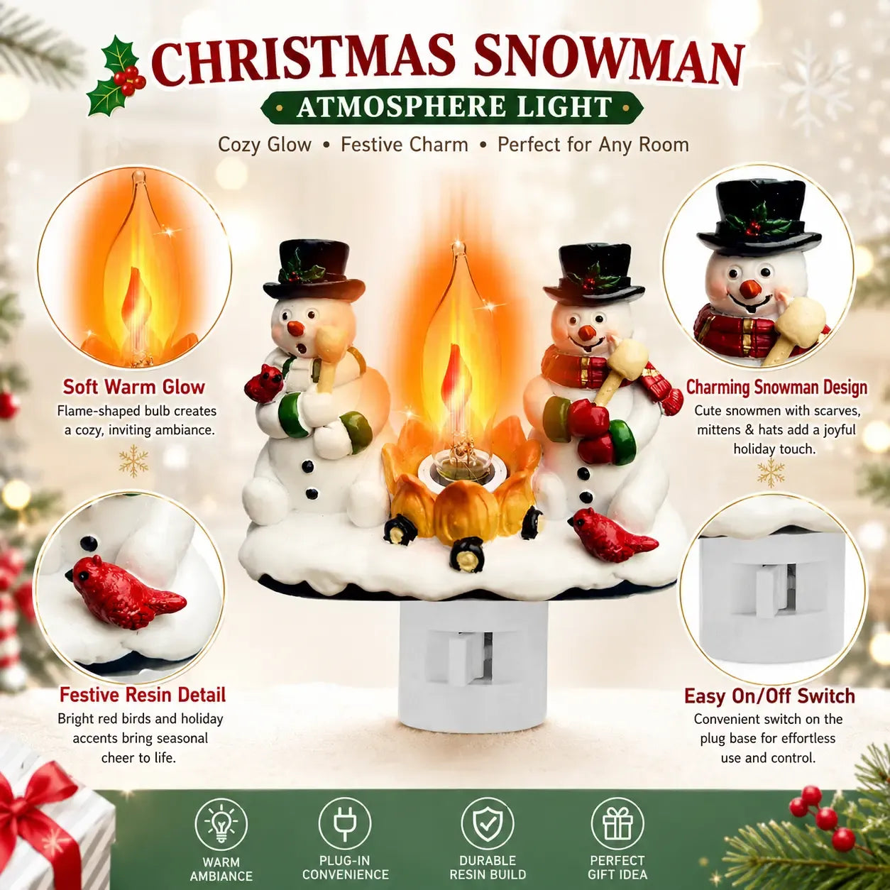 Snowman Campfire Night Light – 4" Resin Christmas Plug-In Decor with Flickering Flame Effect for Cozy Holiday Ambiance