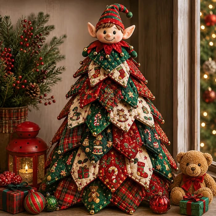 🔥Christmas Hot Sale 70% Off🎄 DIY Quilted Christmas Tree Kit | Layered 3D Tabletop Craft with Pre-Cut Festive Fabrics, Foam Base & Easy Instructions 🧵✨