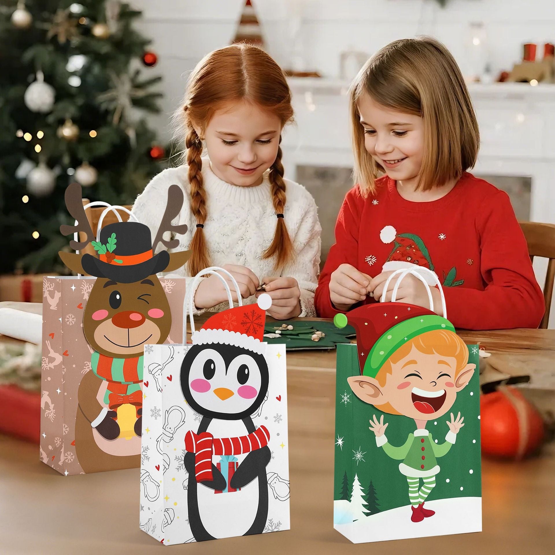 Christmas Character Gift Bags – Santa, Penguin, Reindeer & Elf Holiday Treat Bags for Christmas Gifts and Party Decor