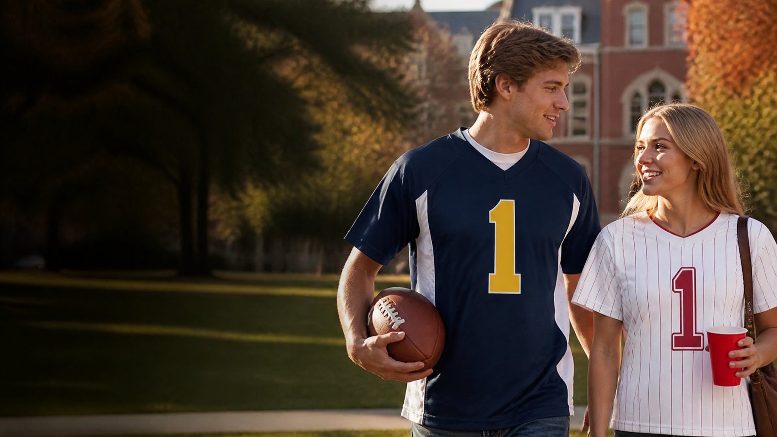 A young couple in college football jerseys walking across a sunny campus quad on game day