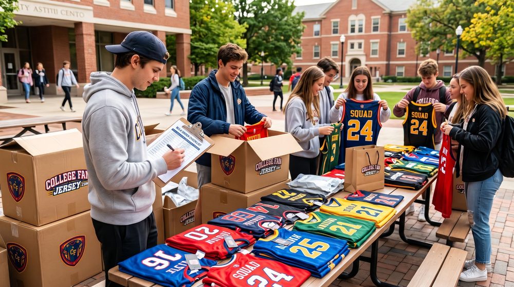 Students unboxing College Fan Jersey bulk orders on campus