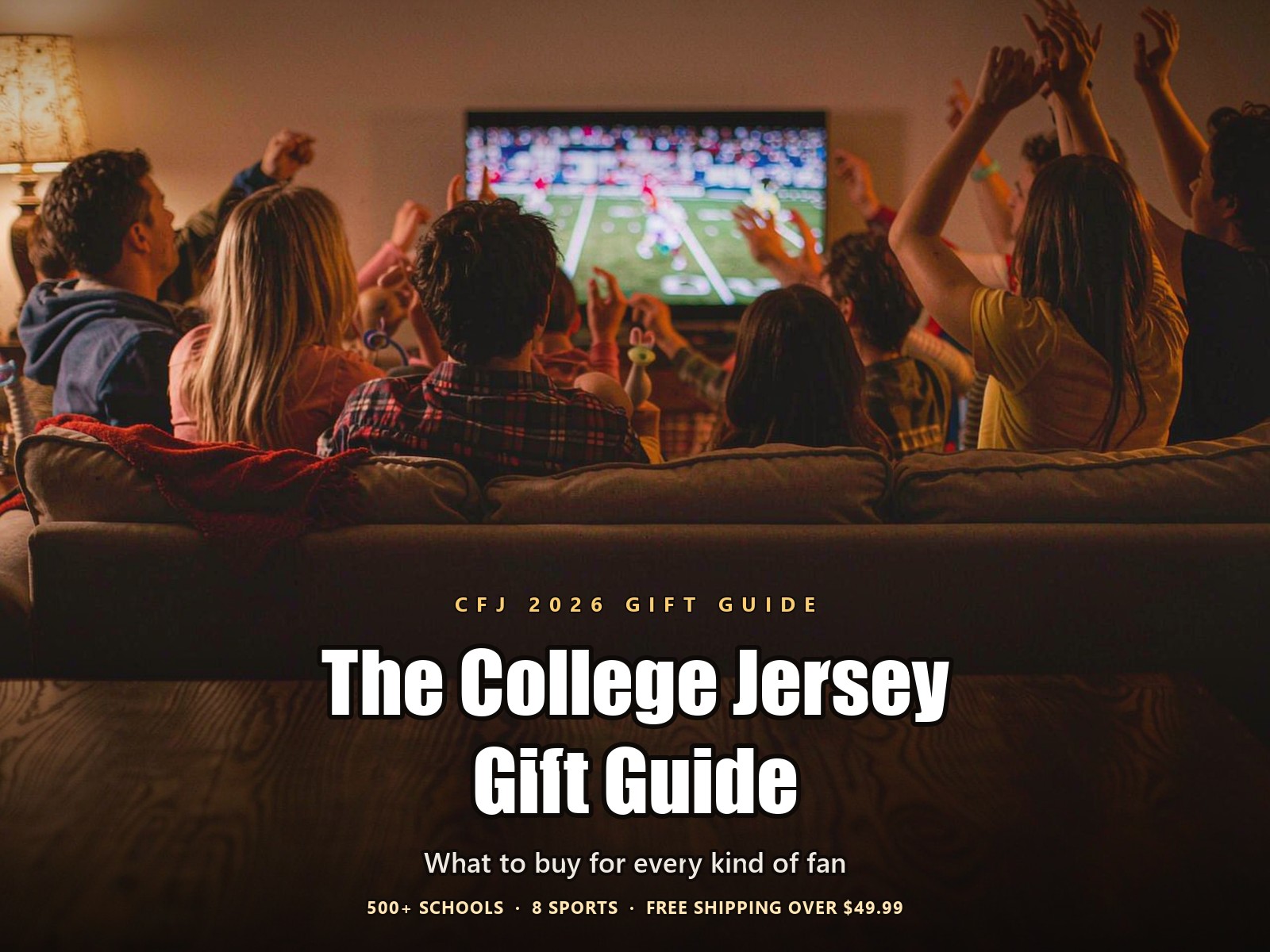 Friends and family gathered for a college football watch party in a warm living room on game day