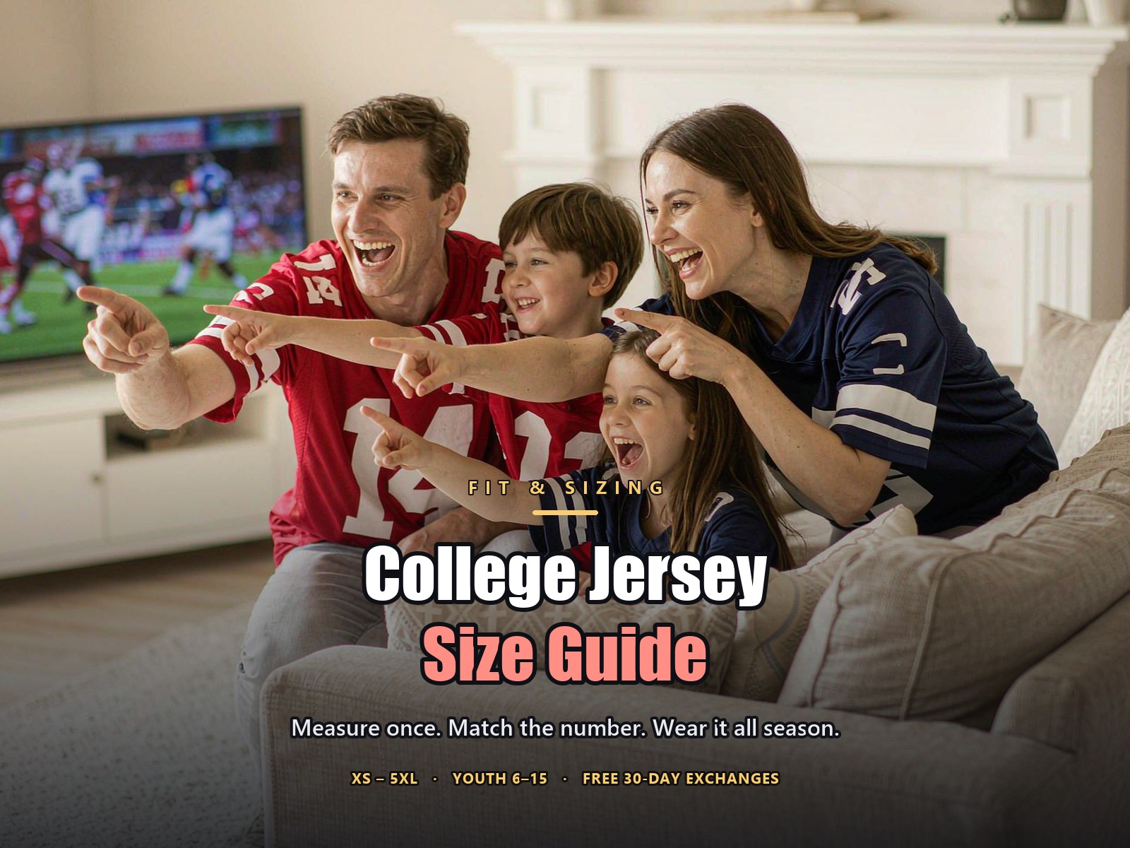 An American family of four wearing matching college football jerseys together on the sofa on game day