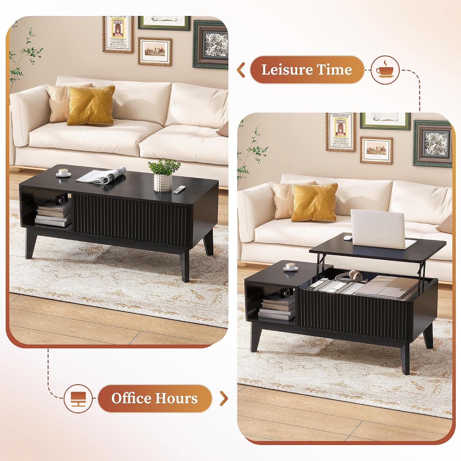 Fluted Lift Top Coffee Table with Hidden Compartment