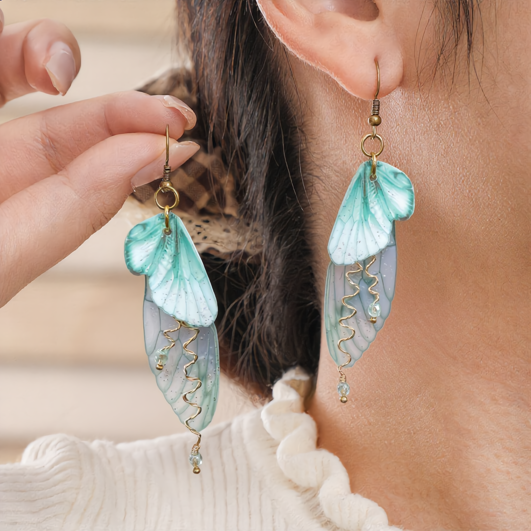 Mint Green Fairy Wing Earrings