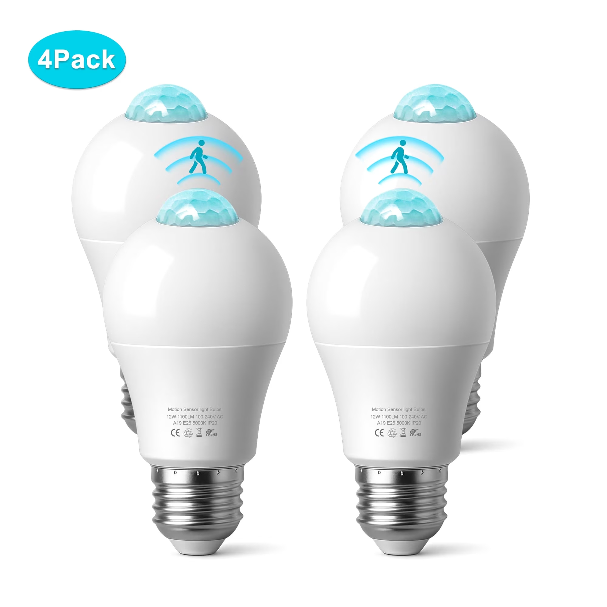 4Pack Motion Sensor LED Light Bulb, Motion Activated Dusk to Dawn Light Bulbs, 12W(100W Equivalent) E26/A19 Light Bulb for Outdoor/Indoor, Front, Porch, Garage, Basement, Hallway, Stairs
