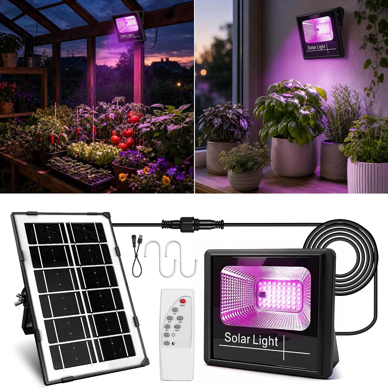 Solar Grow Lights, Rechargeable Grow Lights for Indoor Outdoor Plants, Greenhouse Solar Powered Full Spectrum LED with USB Charging, Remote Timer, Waterproof for Balcony, Garage, Windowsill