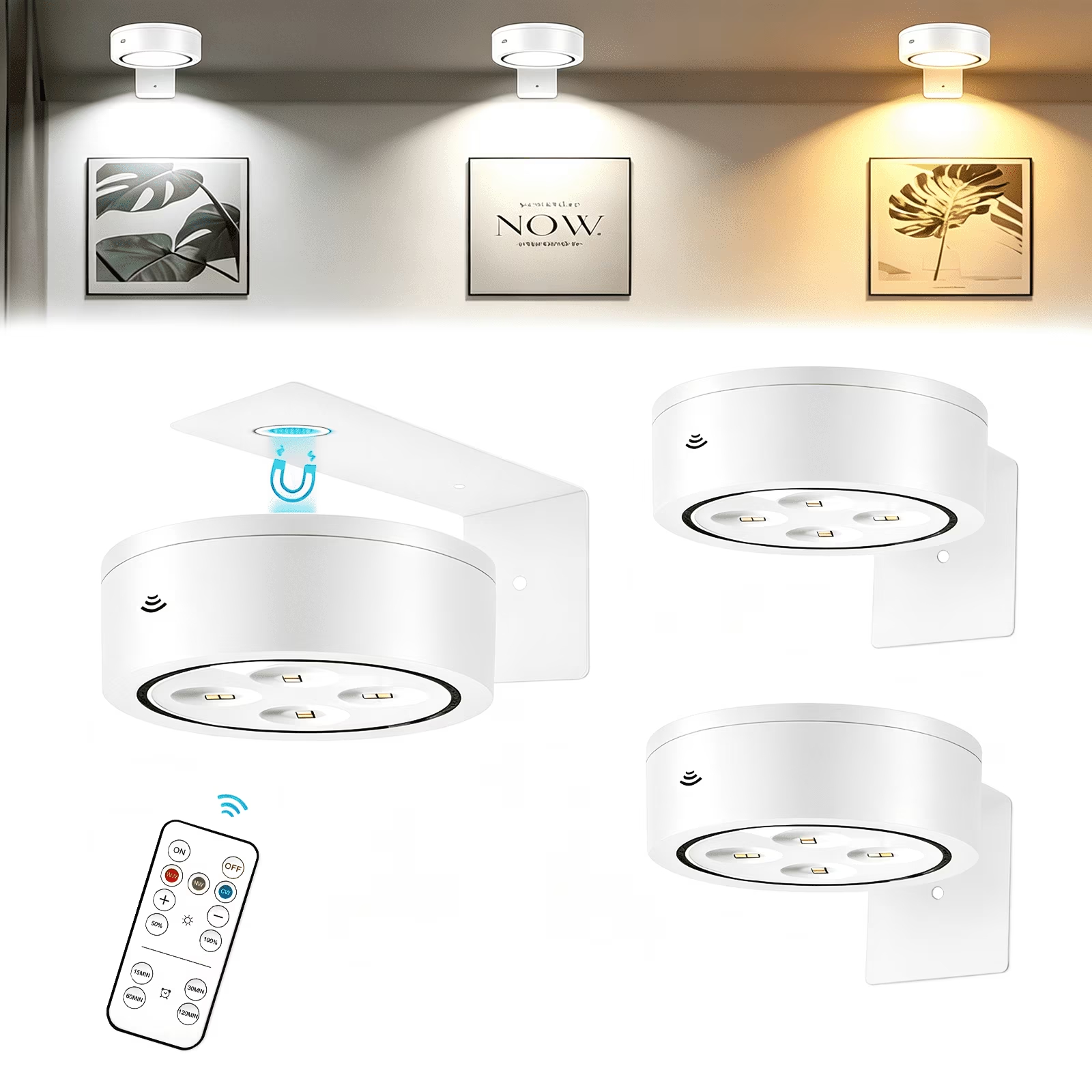 3 Pack Picture Light, Battery-Powered Cordless Picture Lights, with Remote Control Support 3 Color Temp Dimming and Timer for Artwork Painting Portrait Photos Lighting, Wall Decorations (White)