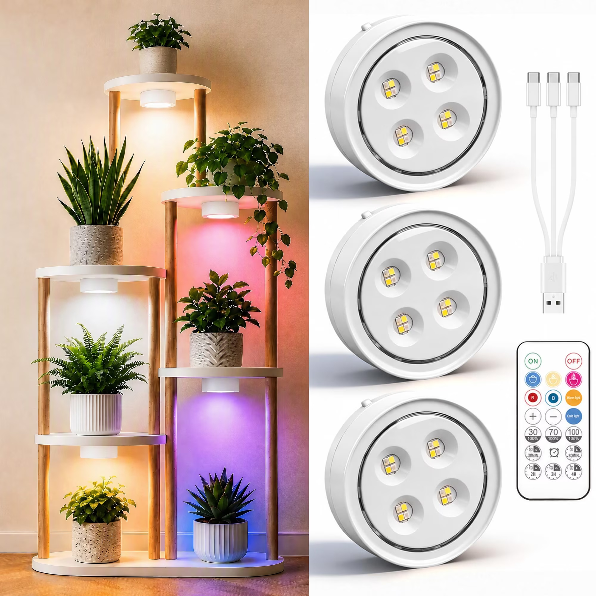 3Pack Grow Light for Indoor Plants, Rechargeable Grow Lights for Indoor Plant Full Spectrum, Wireless Plant Growth Lights for Indoor with Timer & Remote, Stepless Dimming