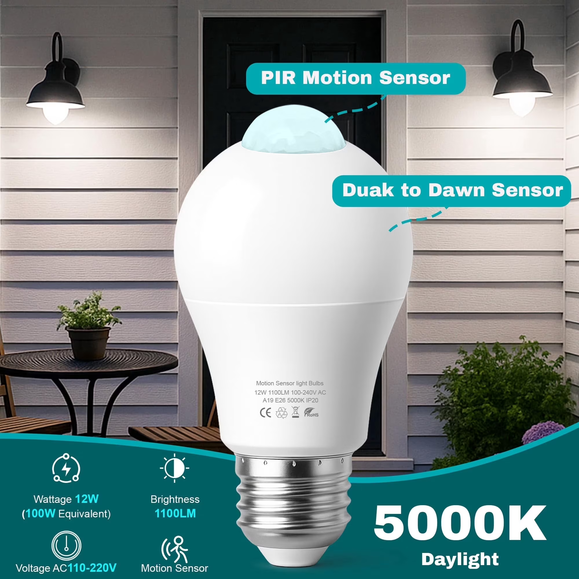 6Pack Motion Sensor Light Bulb, E26/A19 Dusk to Dawn Motion Detector LED Light Bulb, 12W (100W Equivalent) 1100LM for Outdoor/ Indoor, Porch, Hallway, Garage, Basement