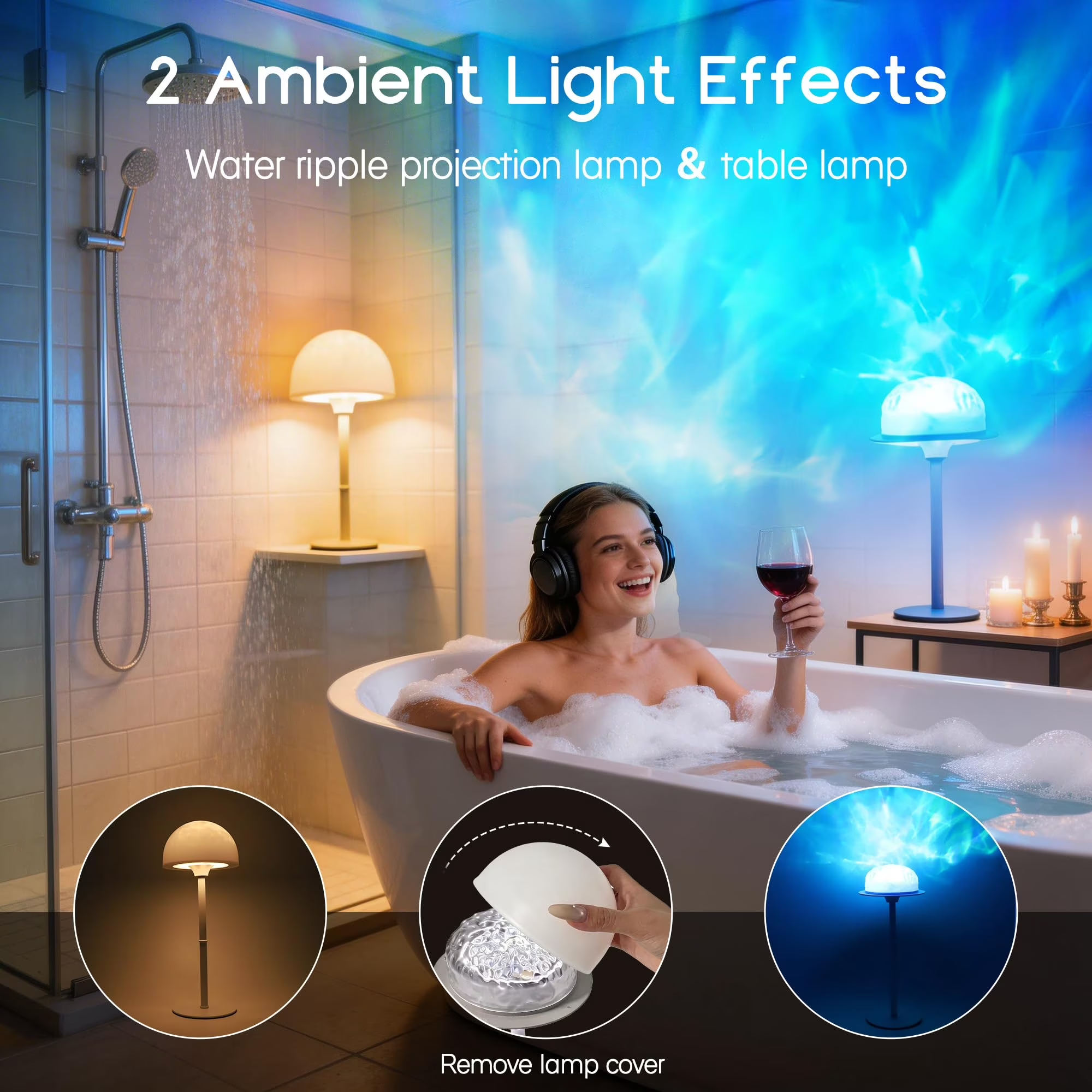 MIREENA Shower Lamp, Rechargeable Shower Light, Bathroom Lamp Support RGB Color Changeable Ocean Wave Projector, LED Table Lamp with Remote for Inside Shower, Bathtub, Bedroom