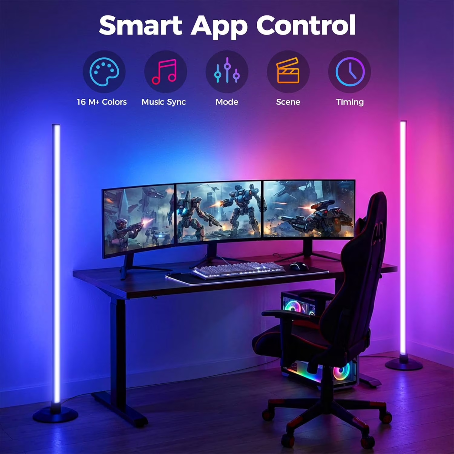 2-Pack LED Floor Lamp, RGB Corner Floor Lamp Support Music Sync, Remote & App Control, Modern Ambient Standing Light for Living Room, Bedroom, Gaming Room