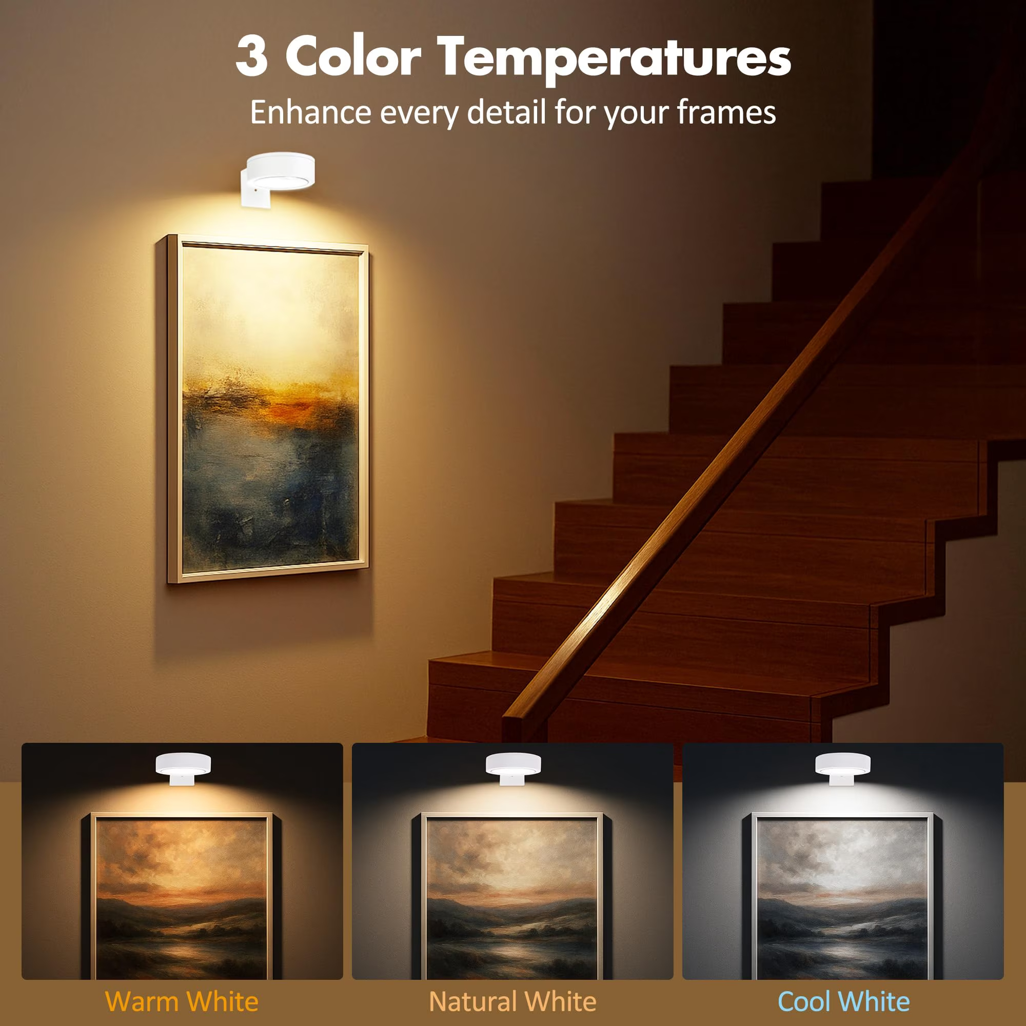 3 Pack Picture Light, Battery-Powered Cordless Picture Lights, with Remote Control Support 3 Color Temp Dimming and Timer for Artwork Painting Portrait Photos Lighting, Wall Decorations (White)