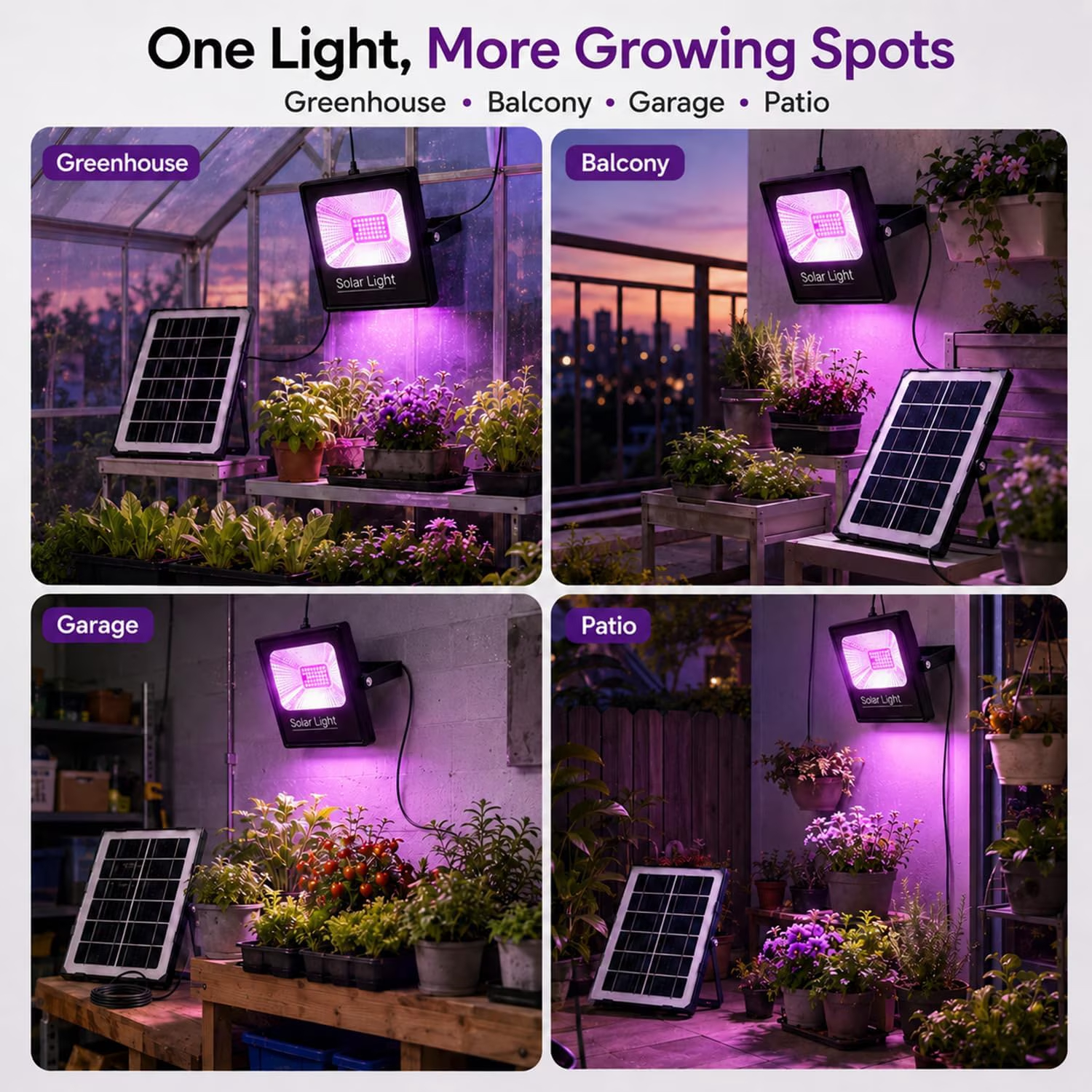 Solar Grow Lights, Rechargeable Grow Lights for Indoor Outdoor Plants, Greenhouse Solar Powered Full Spectrum LED with USB Charging, Remote Timer, Waterproof for Balcony, Garage, Windowsill