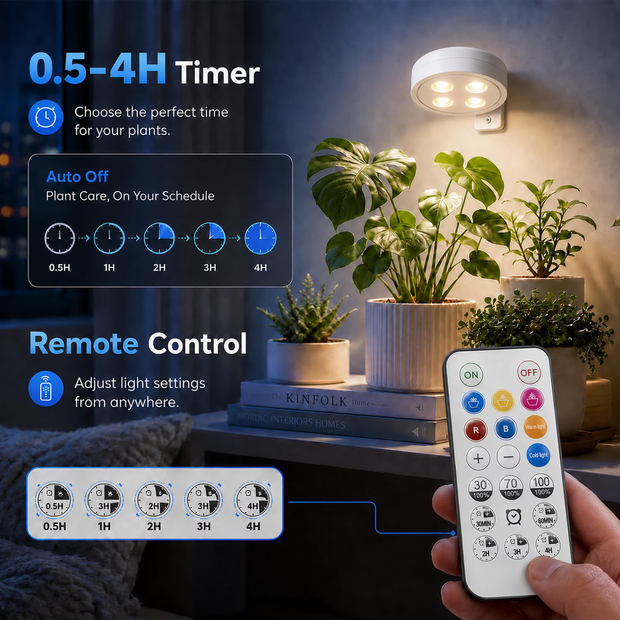 3Pack Grow Light for Indoor Plants, Rechargeable Grow Lights for Indoor Plant Full Spectrum, Wireless Plant Growth Lights for Indoor with Timer & Remote, Stepless Dimming