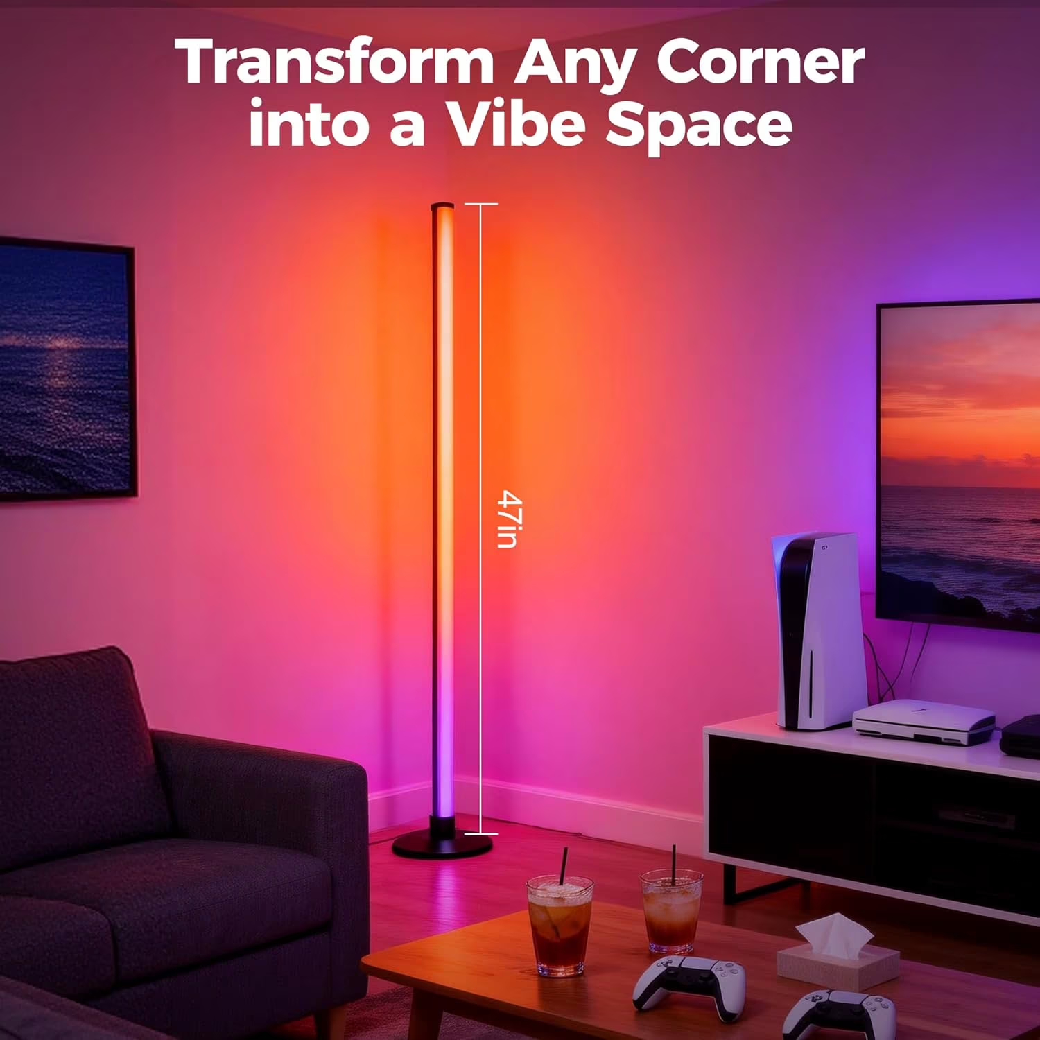 2-Pack LED Floor Lamp, RGB Corner Floor Lamp Support Music Sync, Remote & App Control, Modern Ambient Standing Light for Living Room, Bedroom, Gaming Room