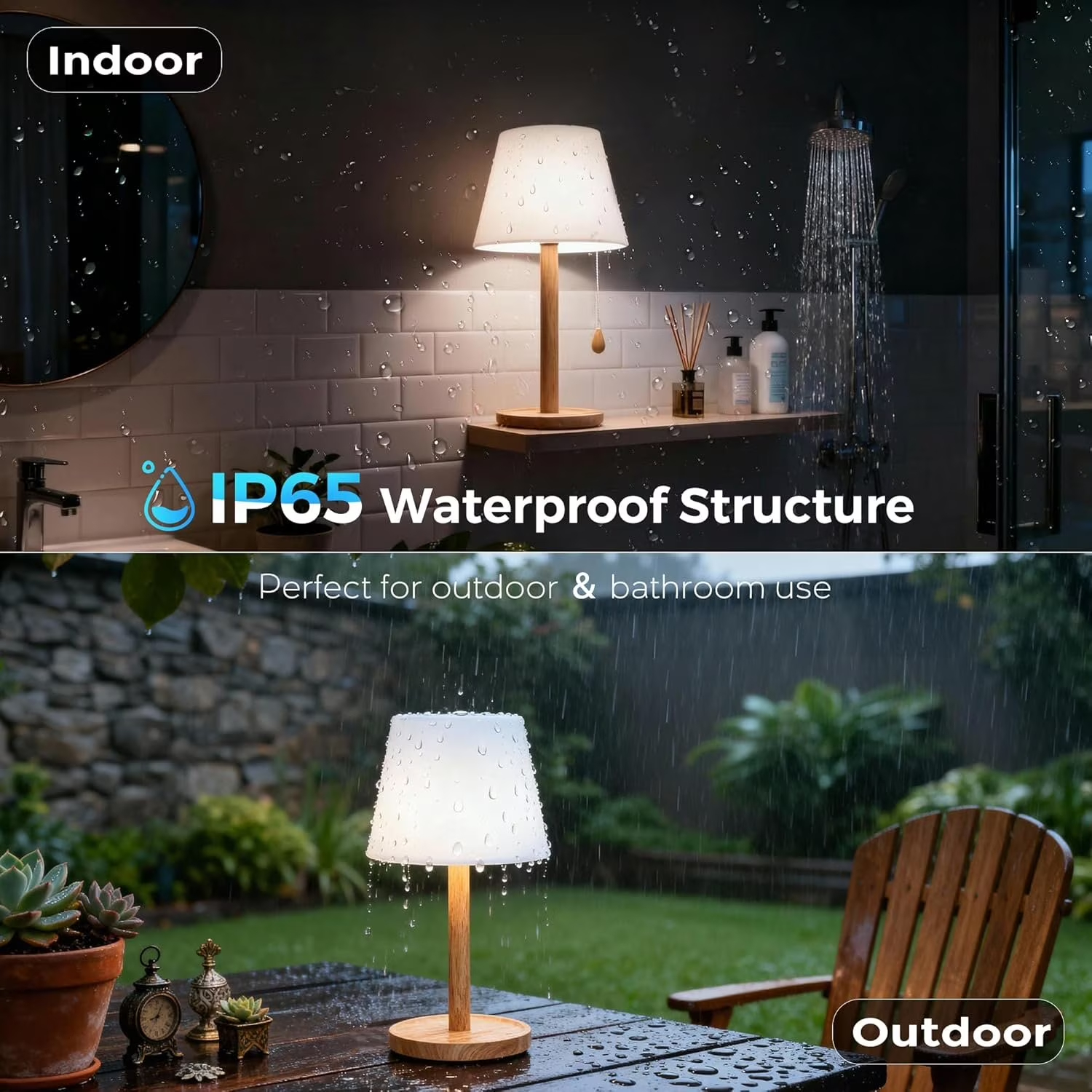 Wireless Table Lamp Rechargeable, Waterproof Shower Light, Cordless Bedside Night Light for Living Room Bathroom Shower