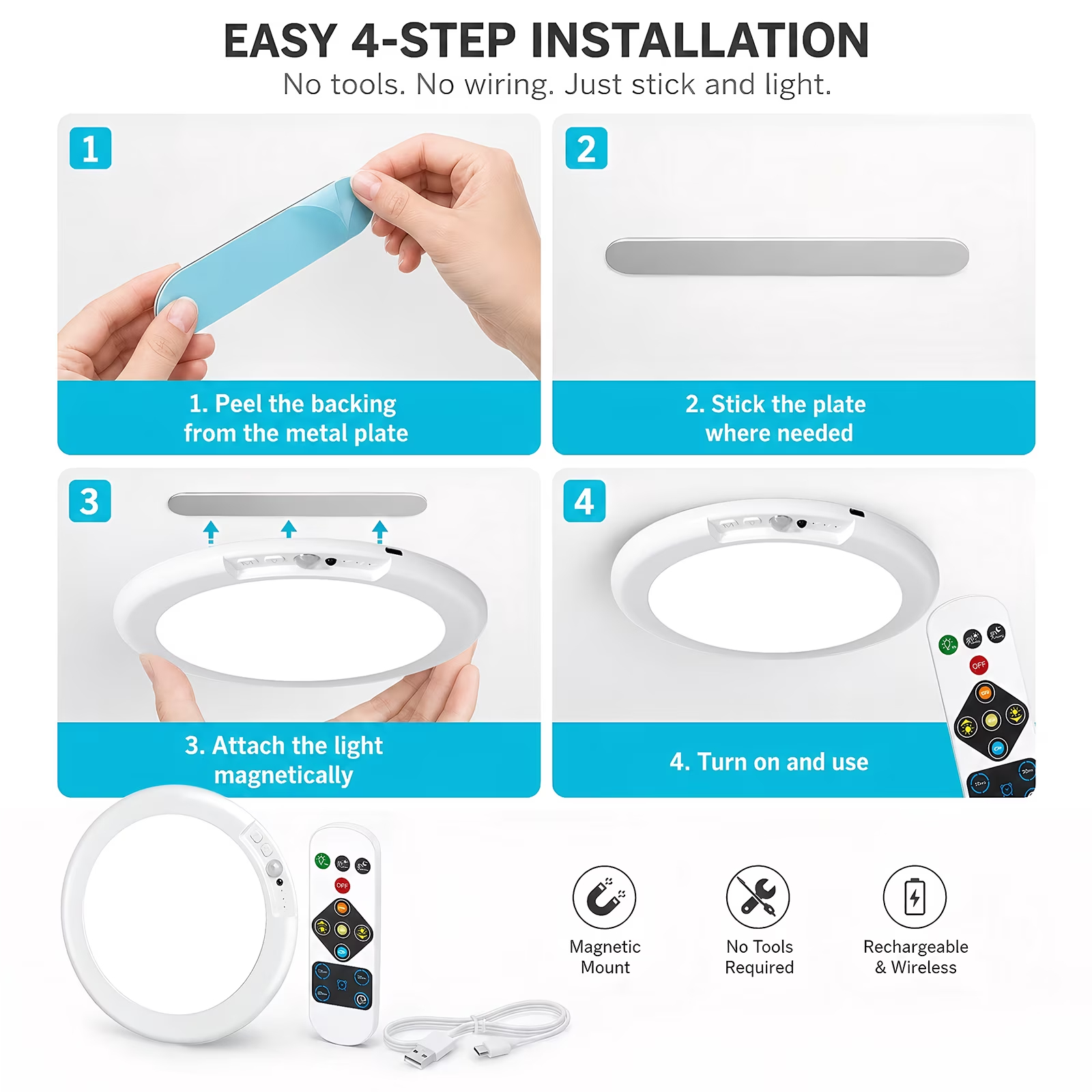 2-Pack Ceiling Light Rechargeable, Wireless Battery Operated Light with Motion Activation for Porch Stair Garage Utility Room