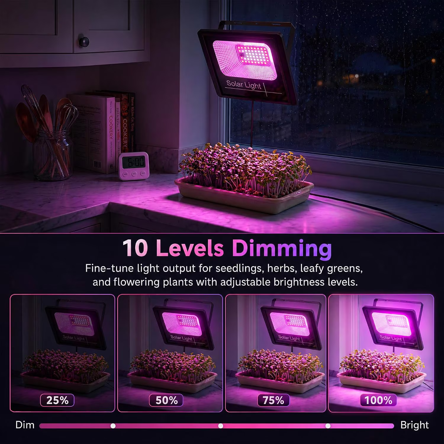 Solar Grow Lights, Rechargeable Grow Lights for Indoor Outdoor Plants, Greenhouse Solar Powered Full Spectrum LED with USB Charging, Remote Timer, Waterproof for Balcony, Garage, Windowsill