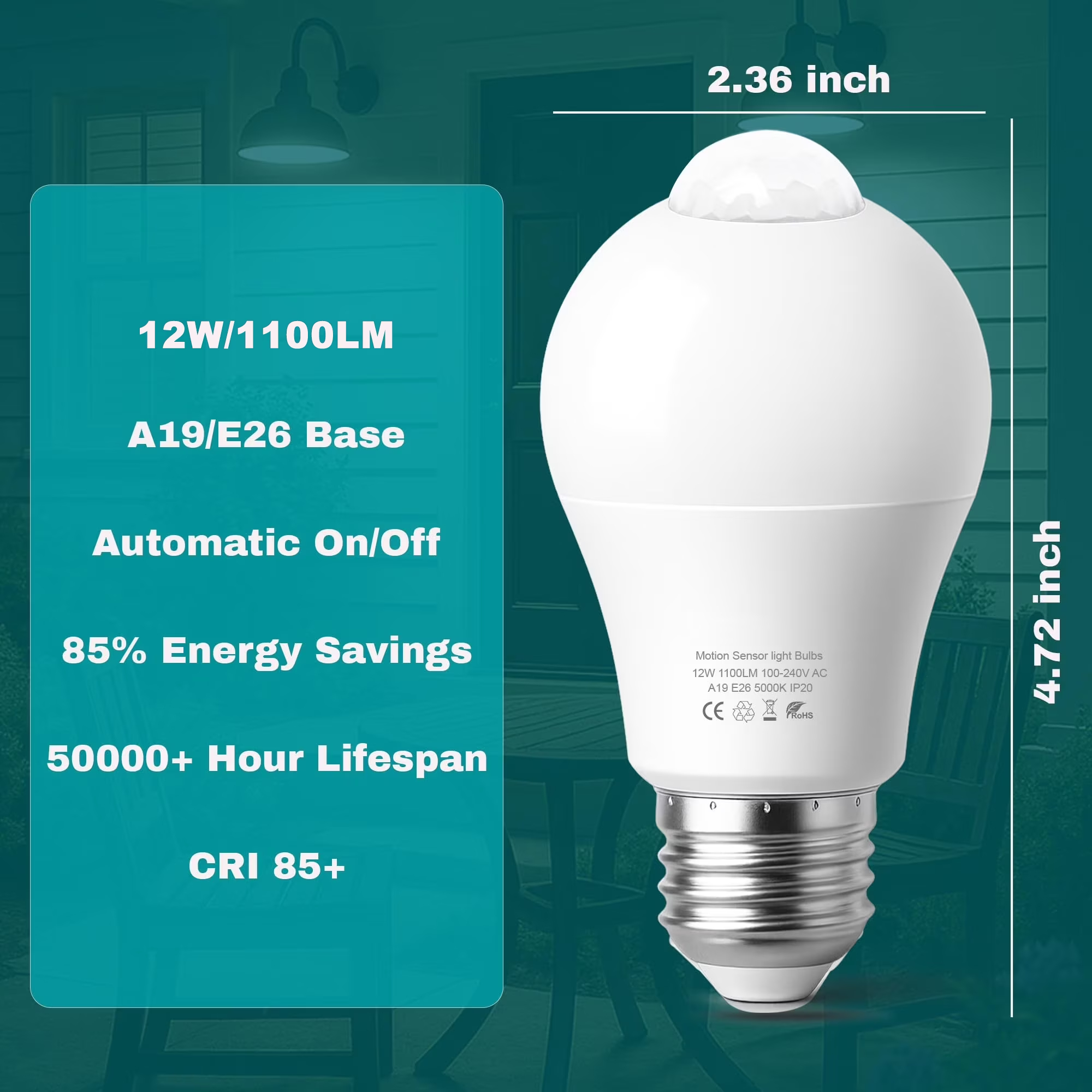 6Pack Motion Sensor Light Bulb, E26/A19 Dusk to Dawn Motion Detector LED Light Bulb, 12W (100W Equivalent) 1100LM for Outdoor/ Indoor, Porch, Hallway, Garage, Basement