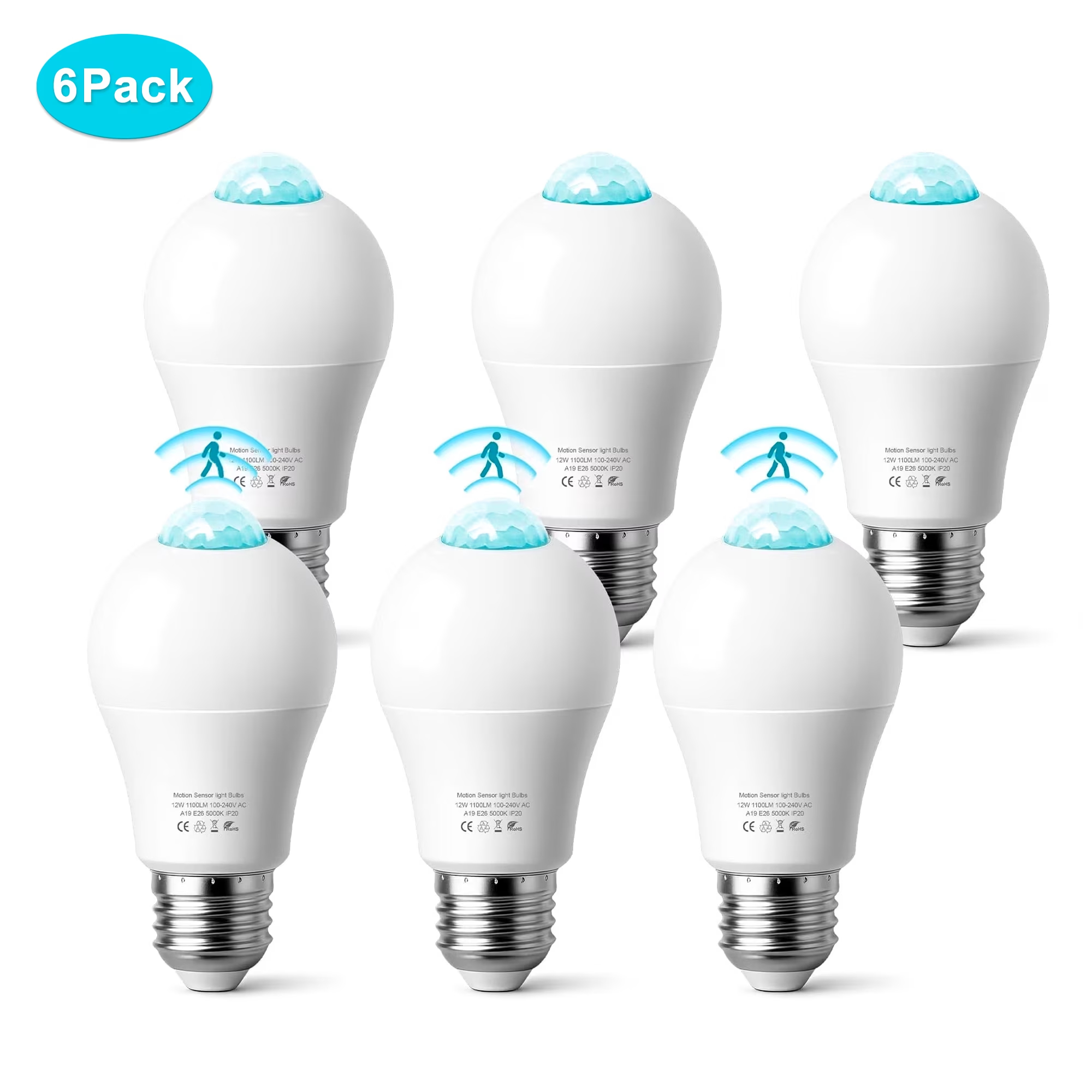 6Pack Motion Sensor Light Bulb, E26/A19 Dusk to Dawn Motion Detector LED Light Bulb, 12W (100W Equivalent) 1100LM for Outdoor/ Indoor, Porch, Hallway, Garage, Basement
