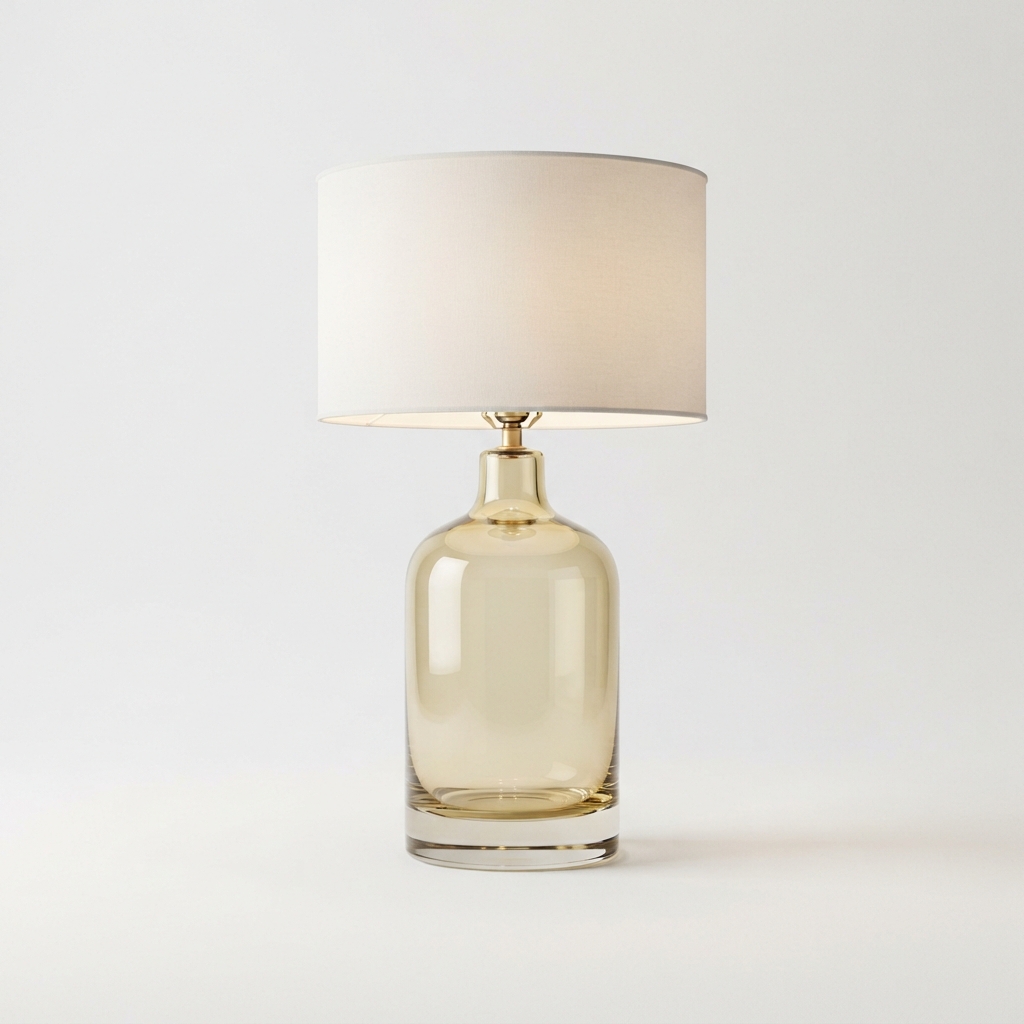 Vintage glass table lamp with warm white glow on neutral background
