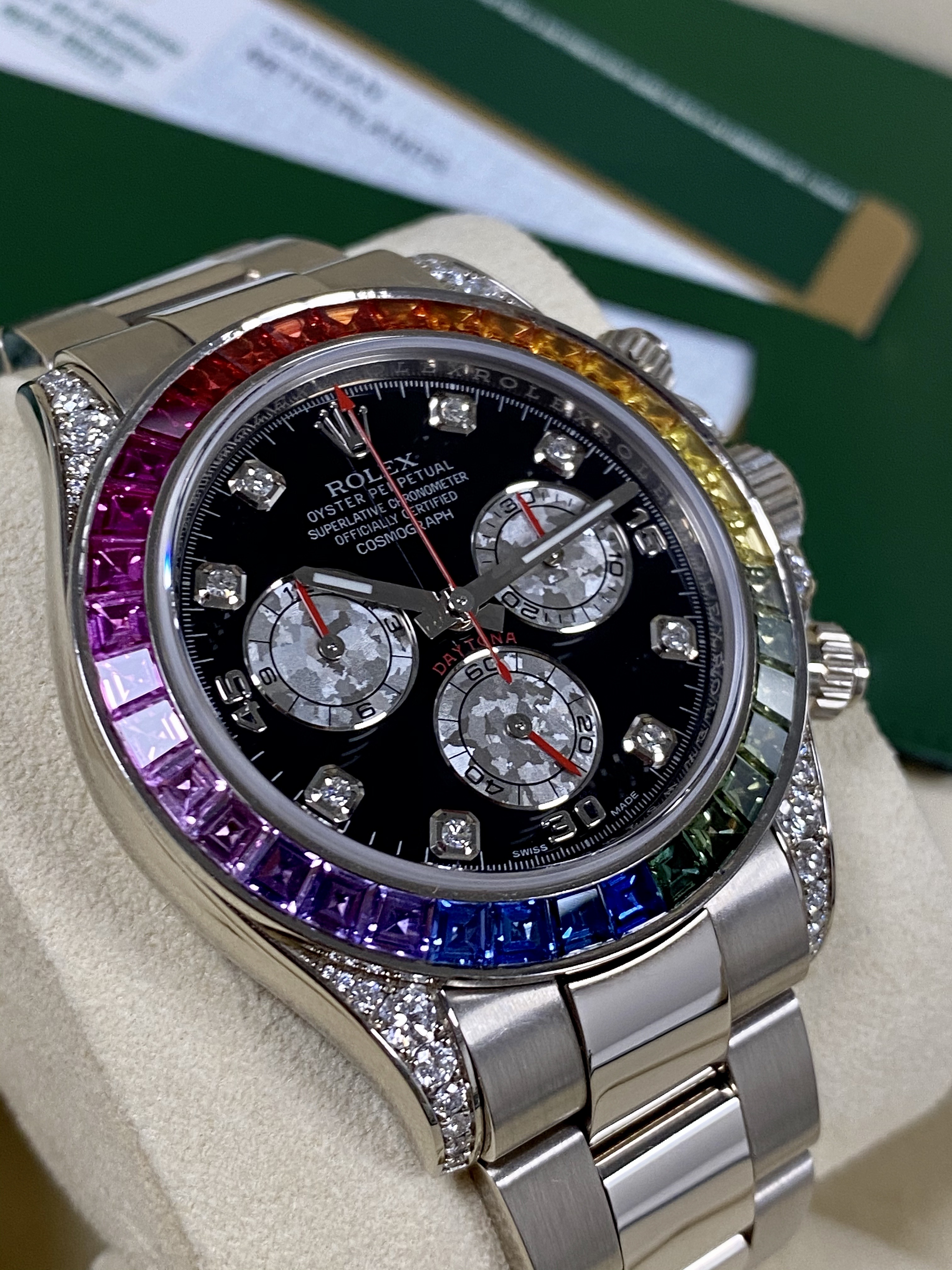 Rolex Daytona Cosmograph Weißgold Regenbogen-Diamanten-Uhr 40 mm 116599RBOW mit Box und Zertifikat