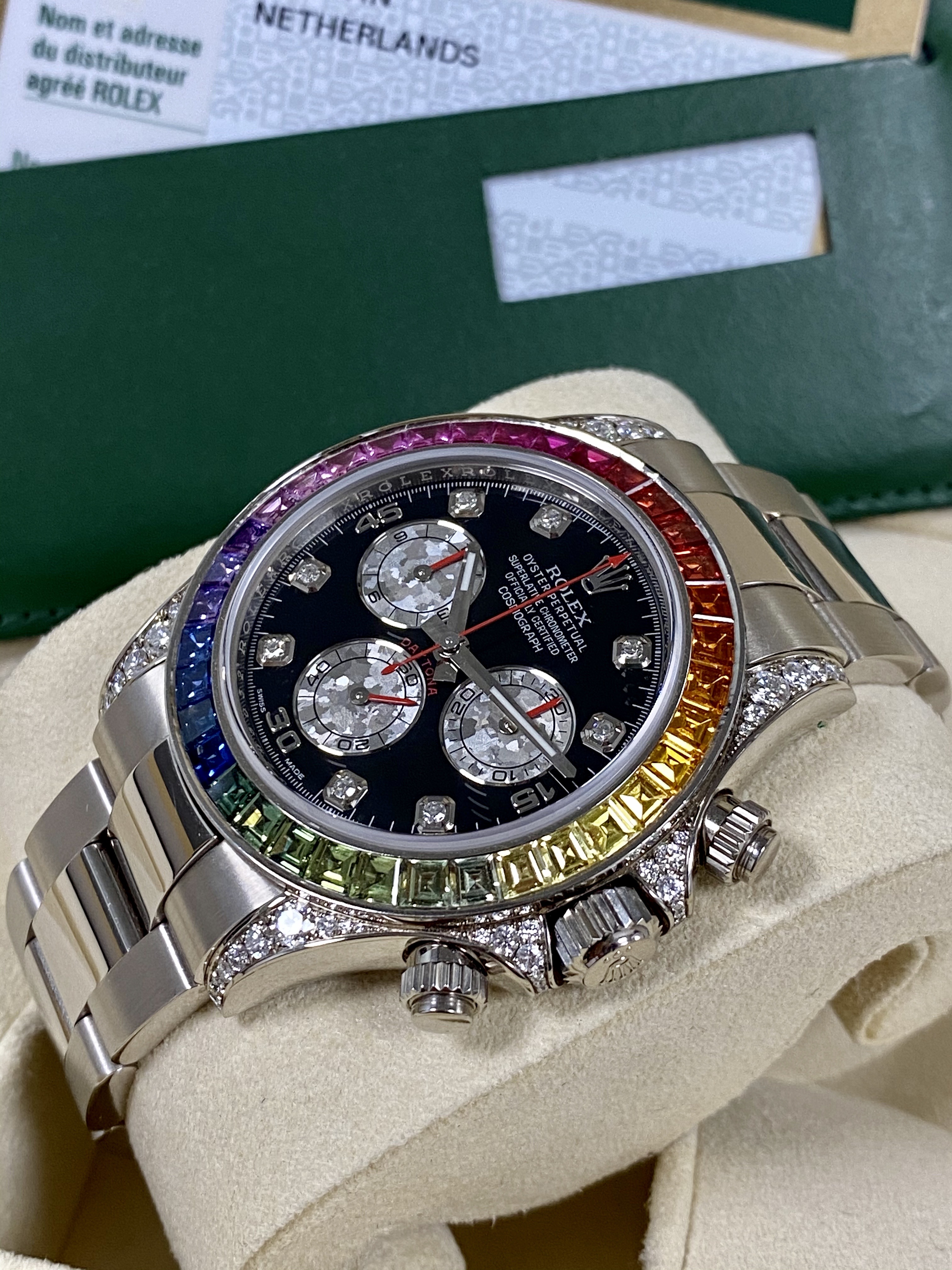 Rolex Daytona Cosmograph Weißgold Regenbogen-Diamanten-Uhr 40 mm 116599RBOW mit Box und Zertifikat