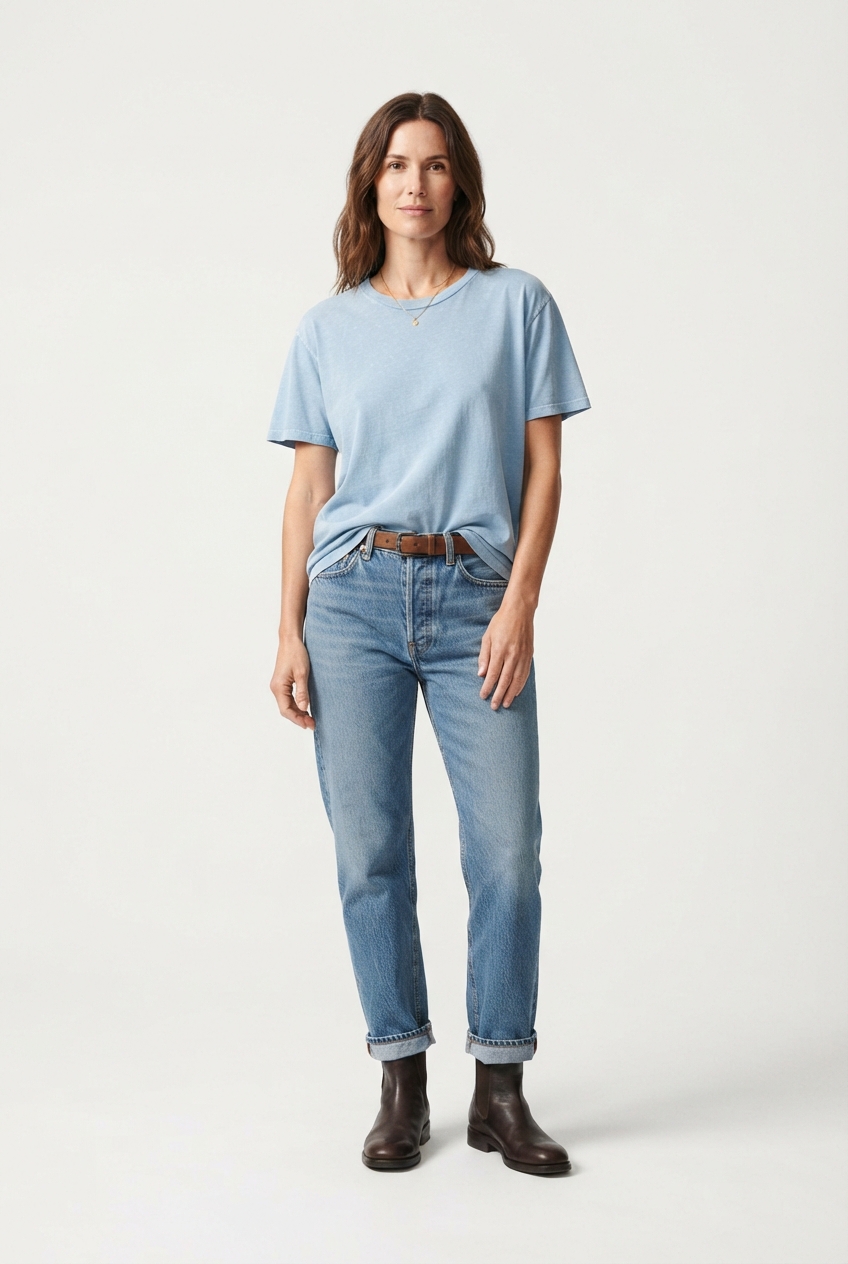 Light blue vintage-wash cotton T-shirt on model