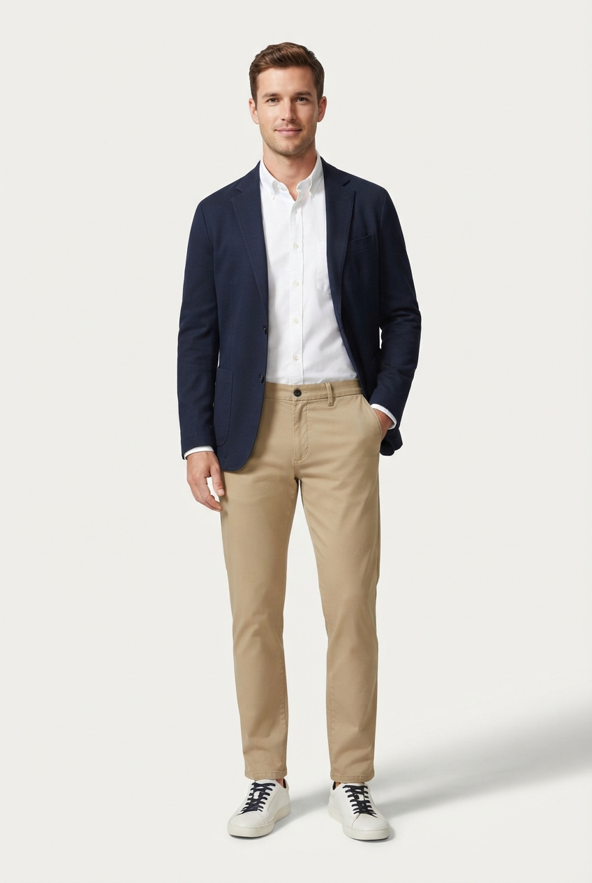 Khaki straight-fit chino pants on model