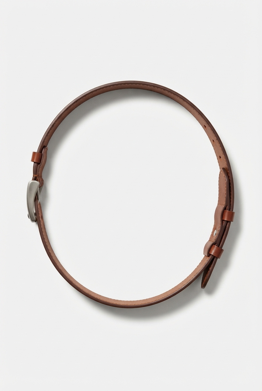 Brown slim leather belt coiled front view