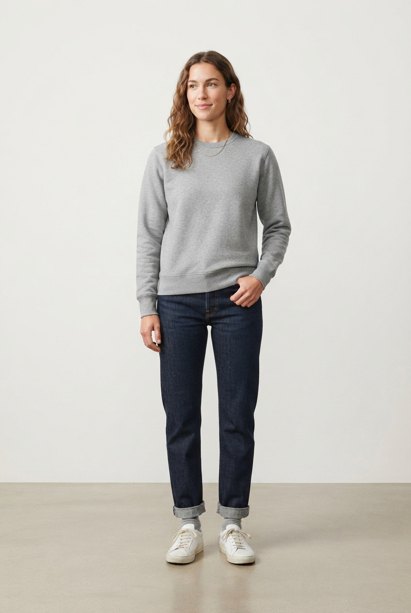 Gray crewneck fleece sweatshirt on model