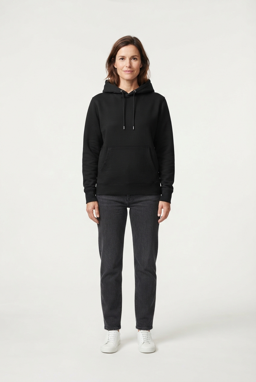 Black unisex cotton fleece hoodie on model front view