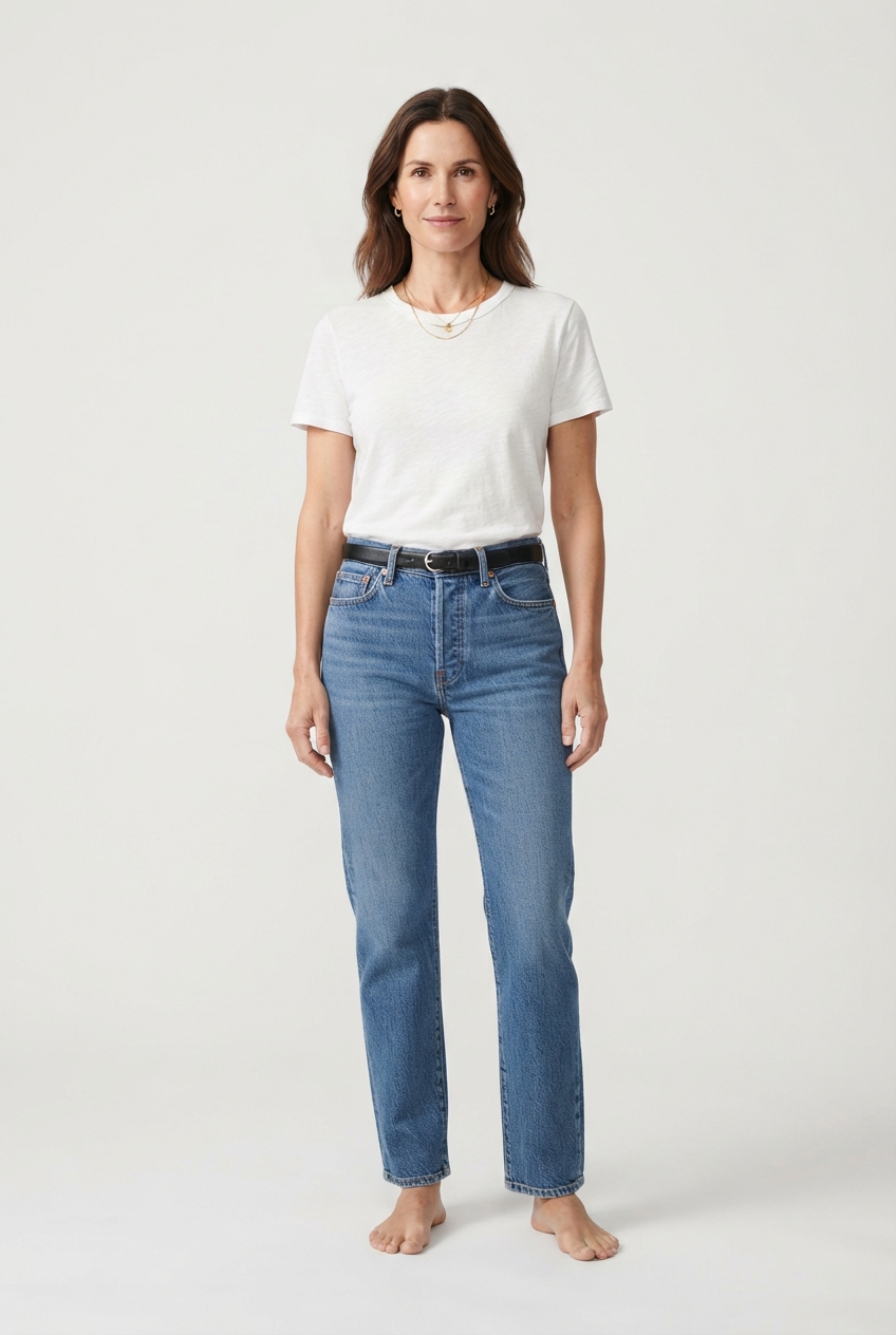 Blue straight-leg denim jeans on model