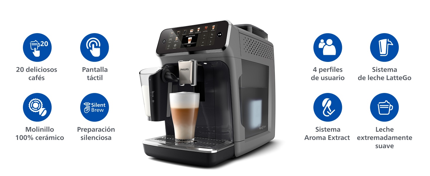 Serie de iconos circulares azules que muestran las características y especificaciones del producto para una máquina de café espresso, con la imagen del producto en el centro.