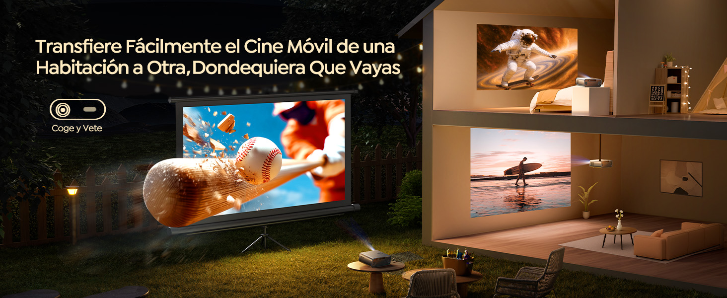 El texto dice «Transfere Fácilmente el Cine Móvil de una Habitación a Otra Dondequiera Que Vaya». Imagen de marketing que muestra una proyección de películas al aire libre frente a una casa por la noche.