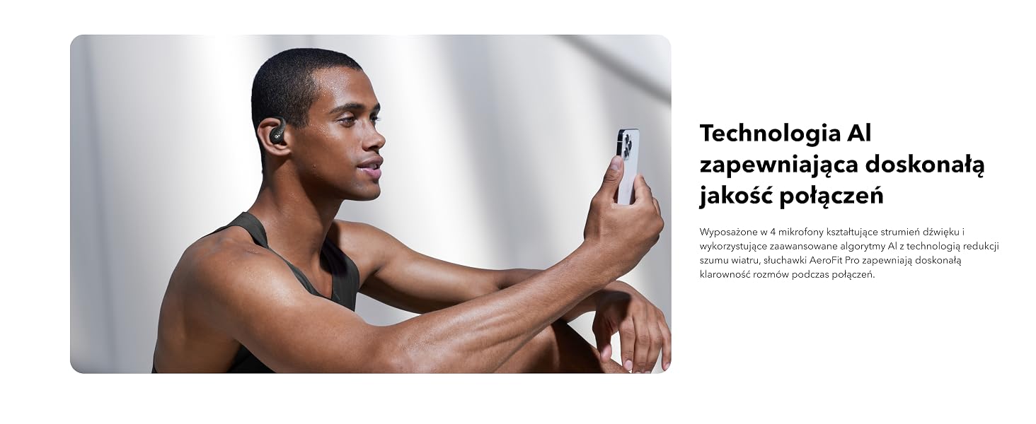 Reklama pokazująca smartfon z tekstem o technologii AI w języku polskim na jasnym tle.