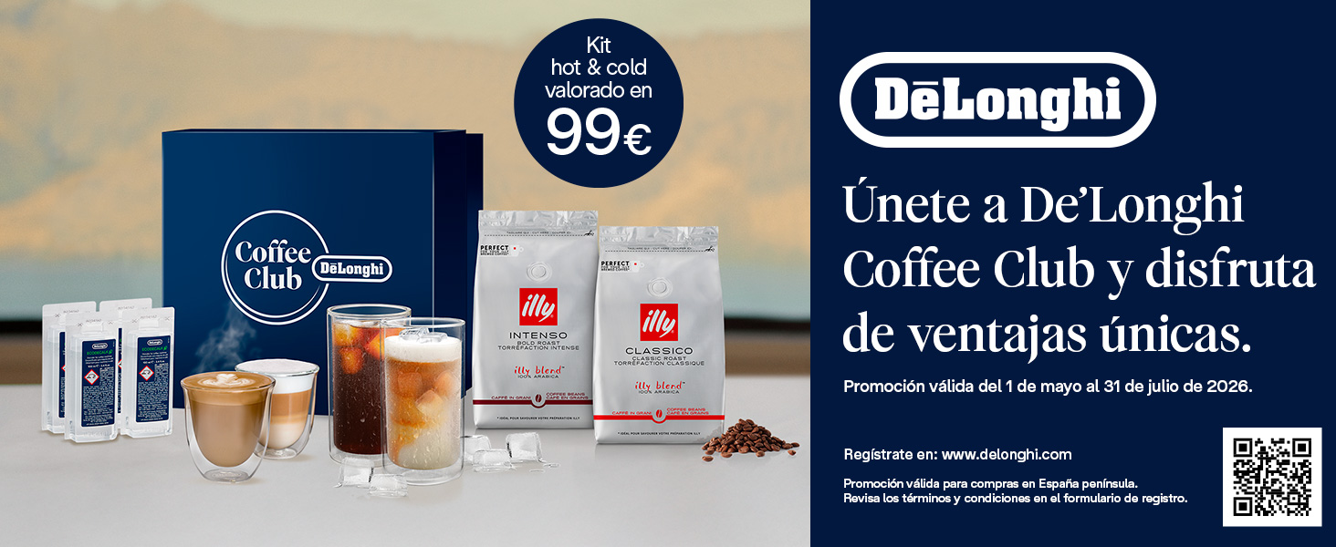 Tekst mówi „Caffè Vergnano”, „99¢”, „DeLonghi”, „Dołącz do DeLonghi Coffee Club i ciesz się wyjątkowymi korzyściami”. Promocja kawy DeLonghi przedstawiająca pudełka produktów, paczki kawy i akcesoria z kodem QR na granatowym tle.