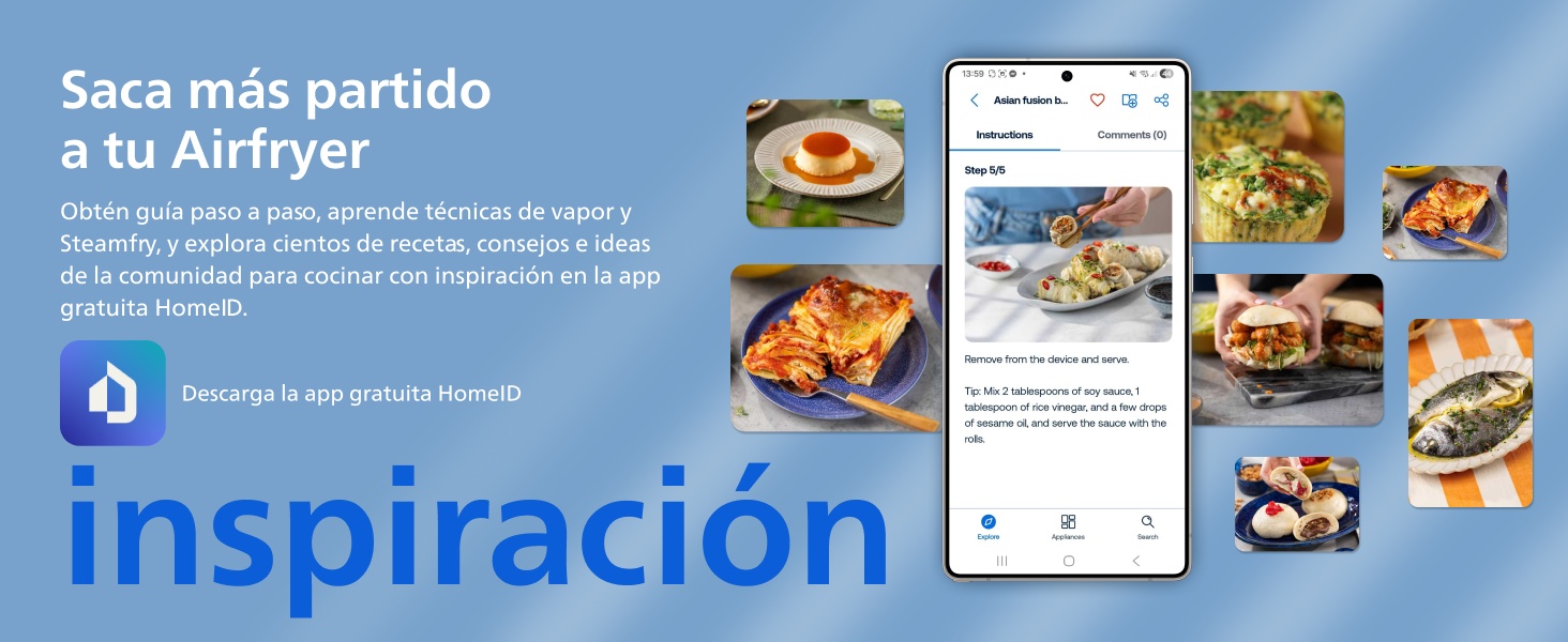 El texto dice «Inspiración» y «Saca más partido a tu Airfryer». Cartel azul con imágenes de alimentos y capturas de pantalla de la interfaz del dispositivo que muestran las instrucciones de cocción.