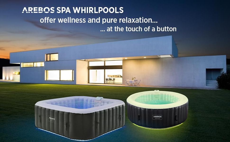 marki Arebos przedstawiające oświetlony budynek z zewnątrz i dwa nadmuchiwane jacuzzi, jedno