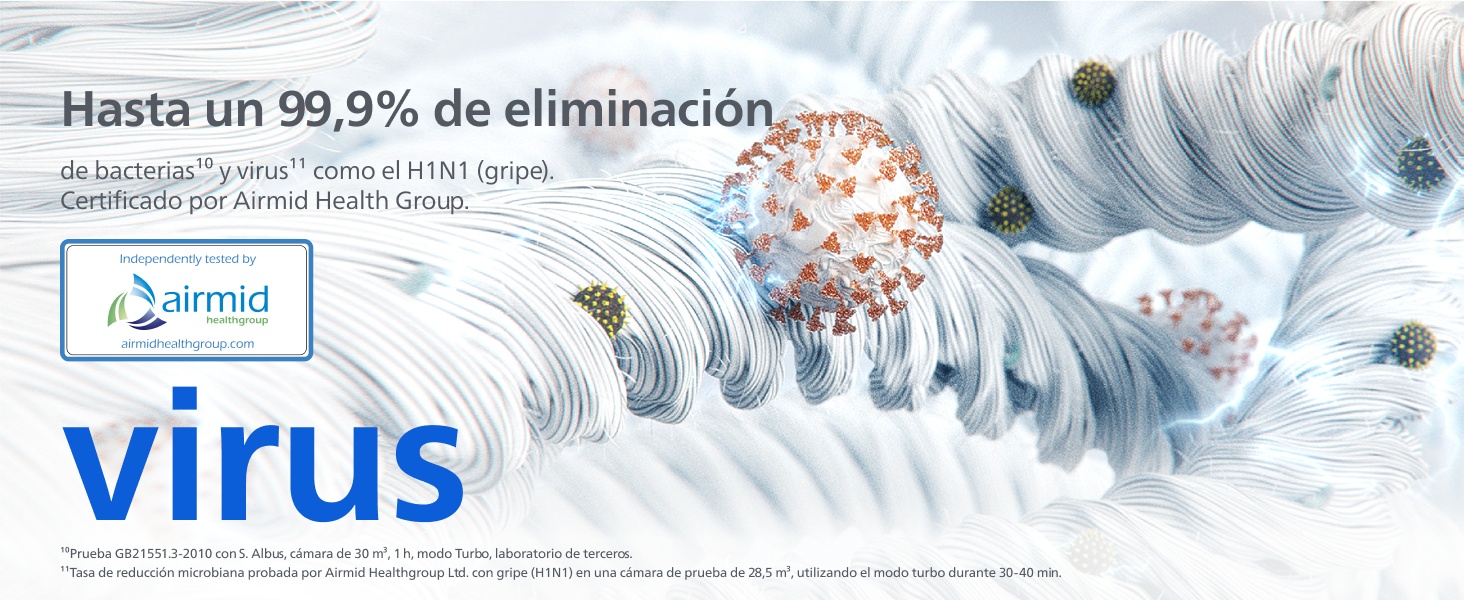 El texto dice «Hasta un 99,9% de eliminación» con el logotipo de Airmid y la etiqueta «virus» en azul. Imagen microscópica de partículas virales sobre una superficie de tela blanca que demuestra la eficacia antimicrobiana.