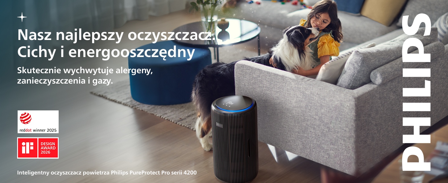 Tekst brzmi: „Nasz najlepszy czyszczący”, „Cichy i energooszczędny”, „Philips”. Mężczyzna siedzący na kanapie odkurzający za pomocą ręcznego odkurzacza. Reklama w języku polskim dla cichego, energooszczędnego środka czyszczącego Philips.