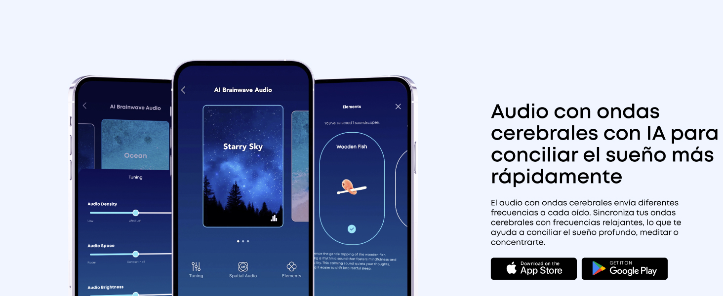 El texto dice «Audio con ondas cerebrales con IA para conseguir un sueño más rápidamente». Interfaz de aplicación móvil que muestra funciones de meditación y sueño con un tema azul oscuro.