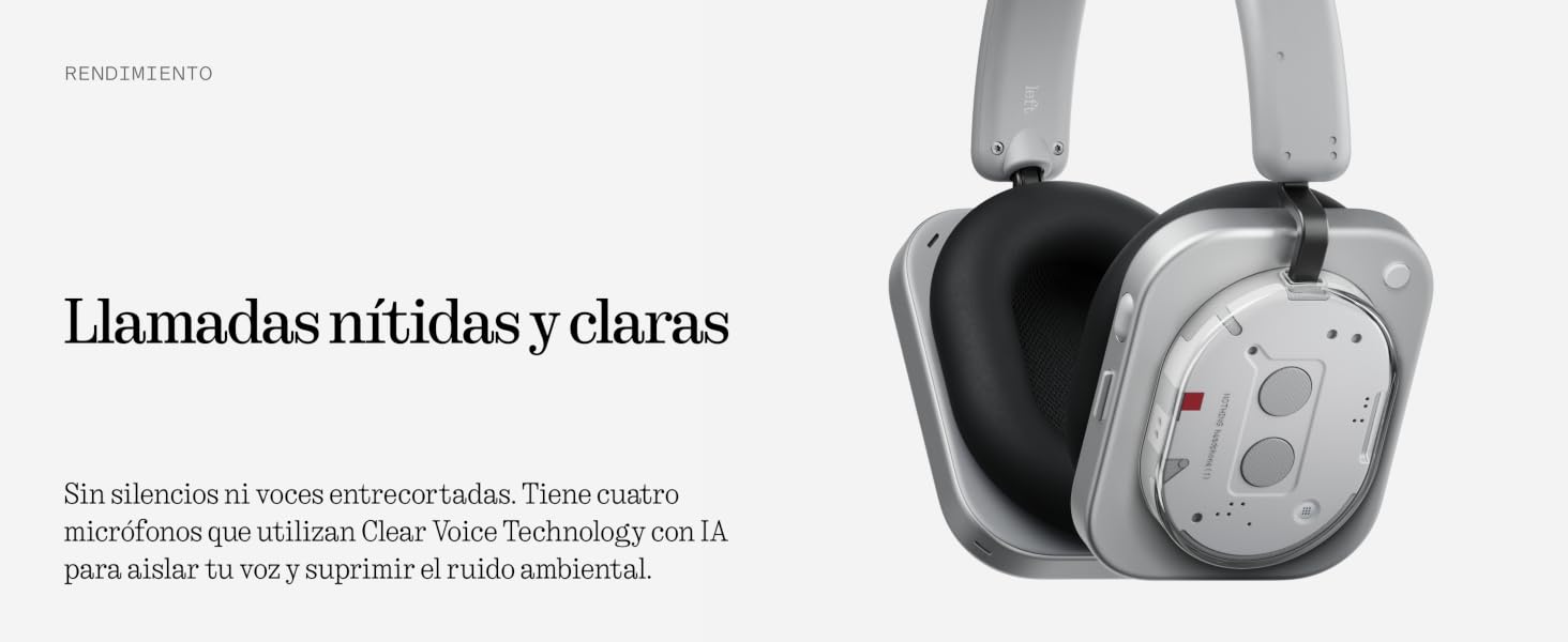 El texto dice: «Llamadas nitídas y claras». Los auriculares supraaurales se muestran en plata y negro con auriculares circulares y botones de control visibles.