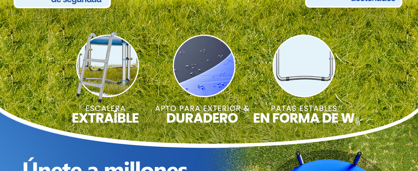 El texto dice: «EXTRAIBLE», «DURADERO», «EN FORMA DE W». Las características del producto se muestran con iconos circulares sobre un fondo de hierba verde.