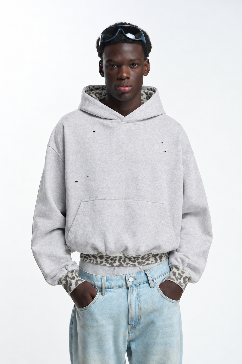 Grey Melange Animal-Trim Hoodie