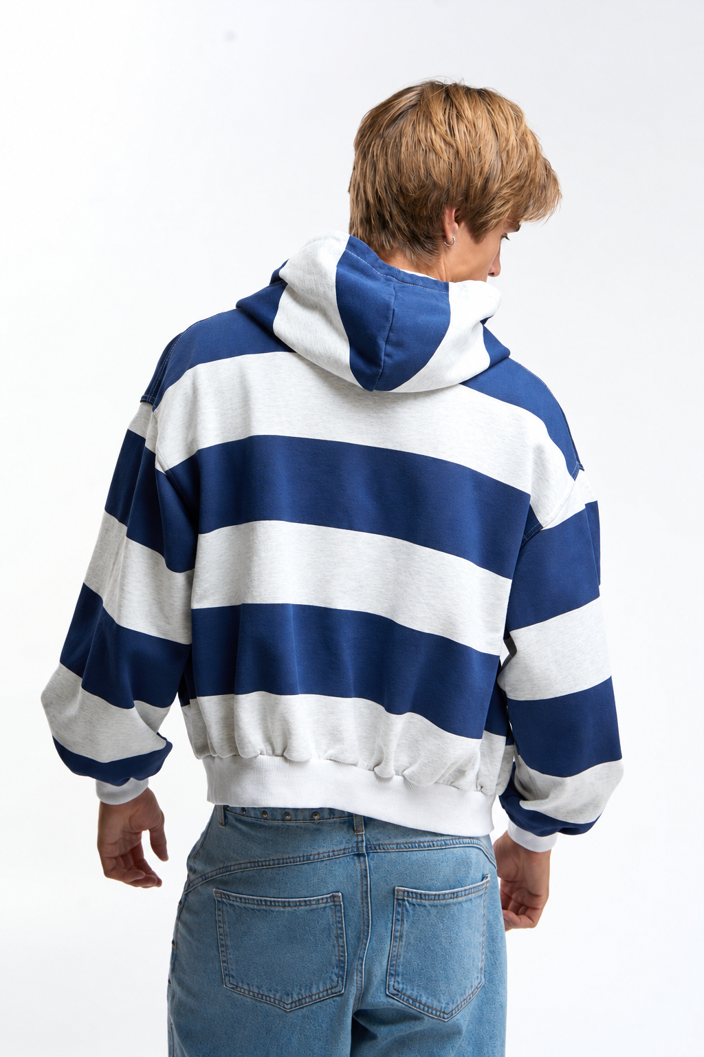 Navy and Ecru Striped Zip Hoodie
