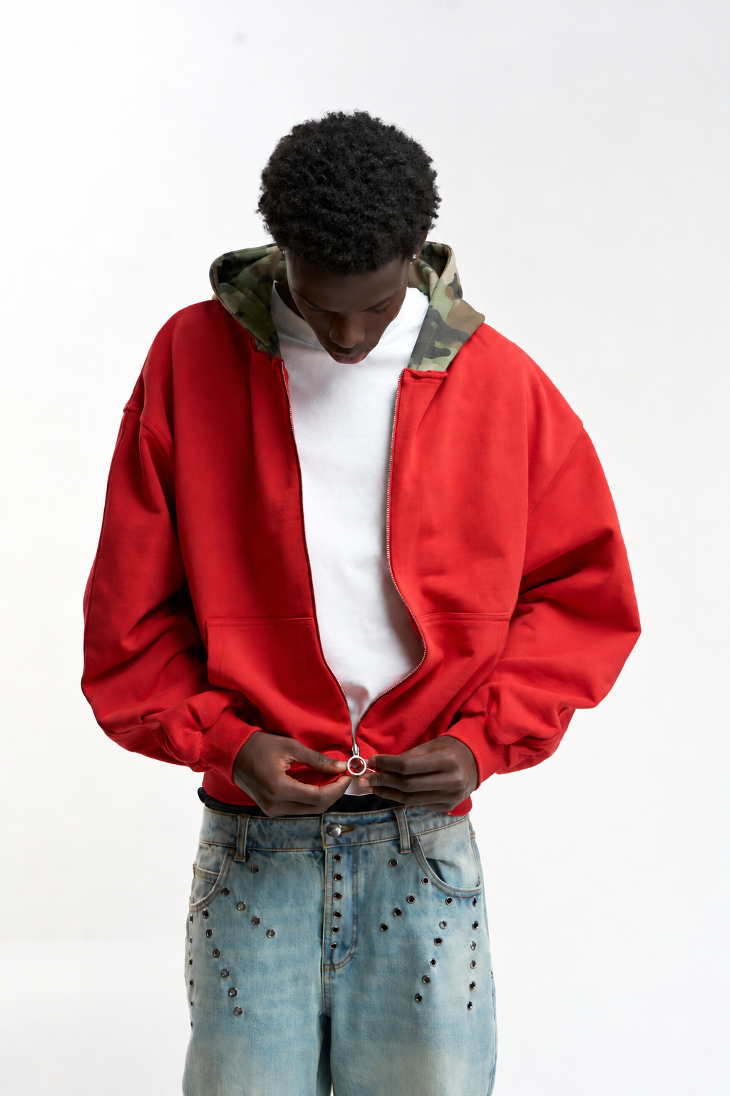 Red Camo-Lined Zip Hoodie