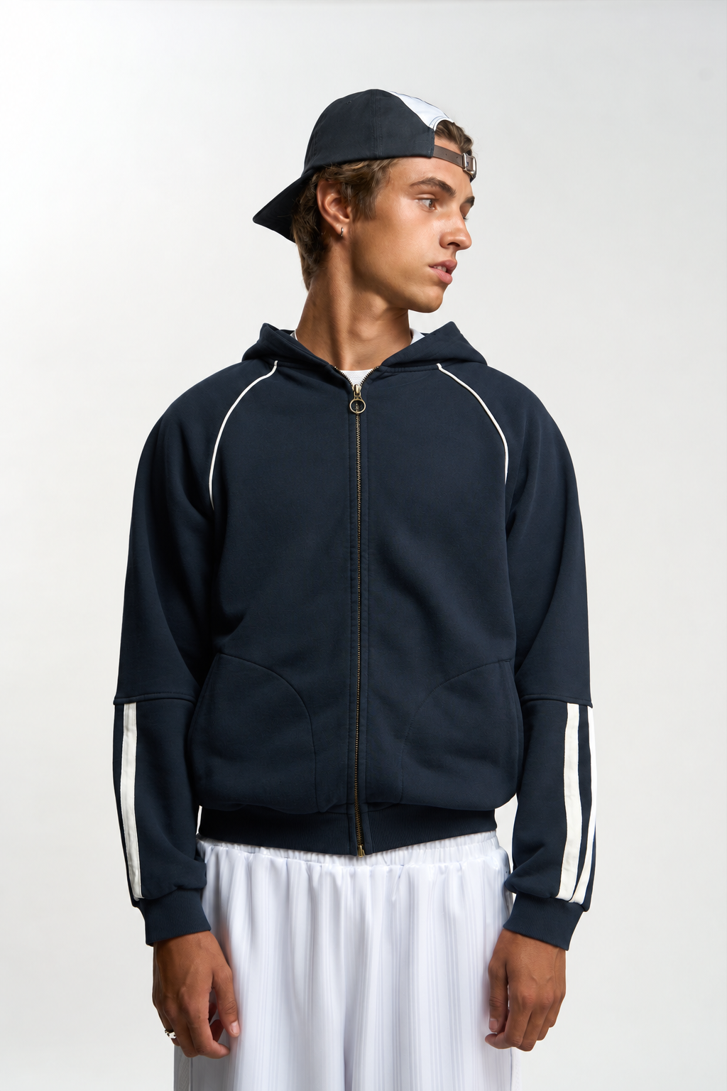 Navy Piped Zip Hoodie