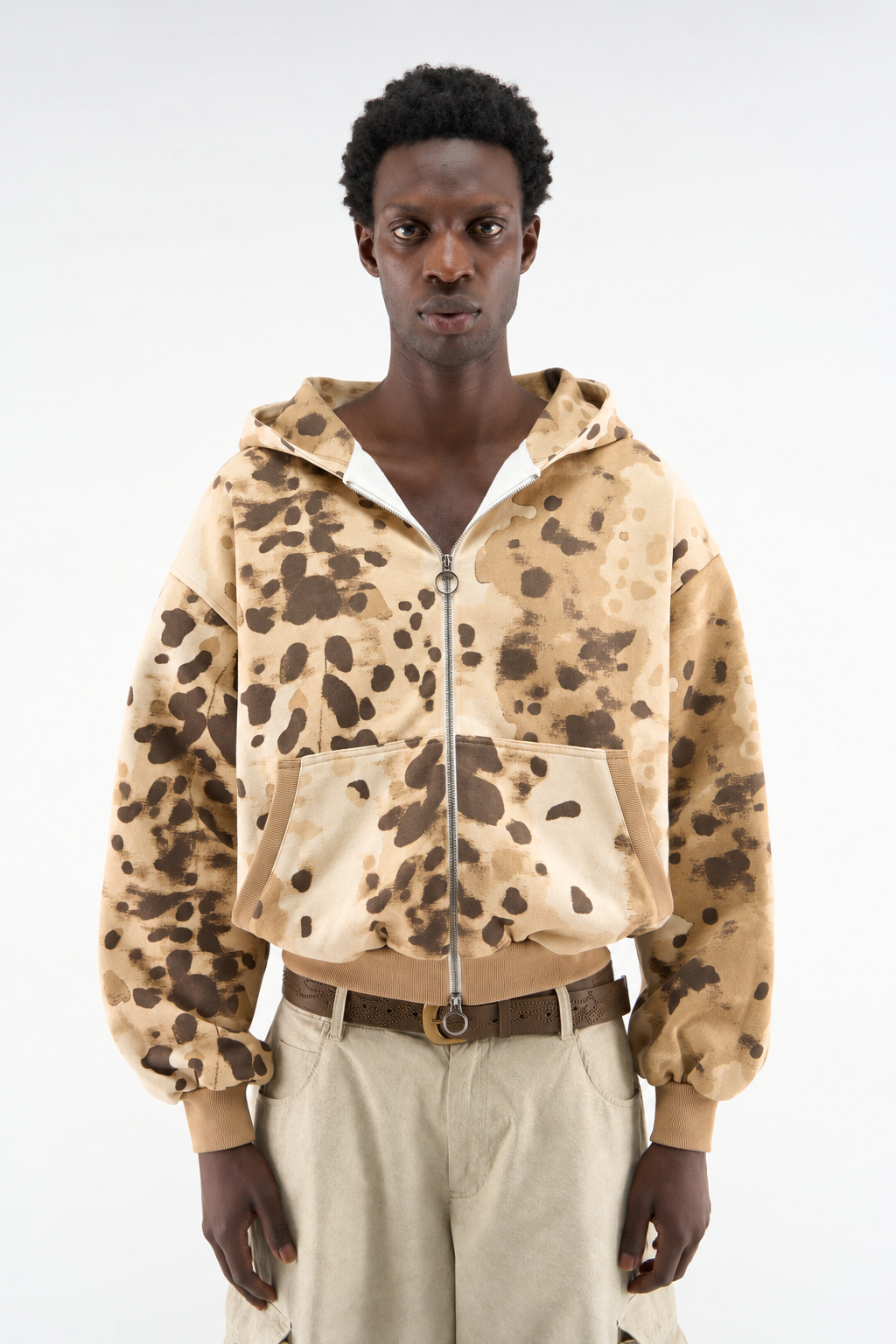 Brown Animal-Print Zip Hoodie